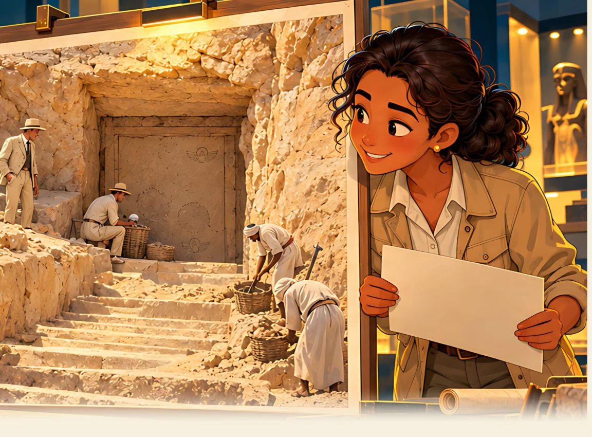 Una investigadora observa una puerta reparada y un plano de la tumba