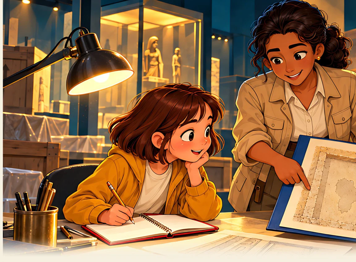 Inés y Sami investigan con un cuaderno en el museo